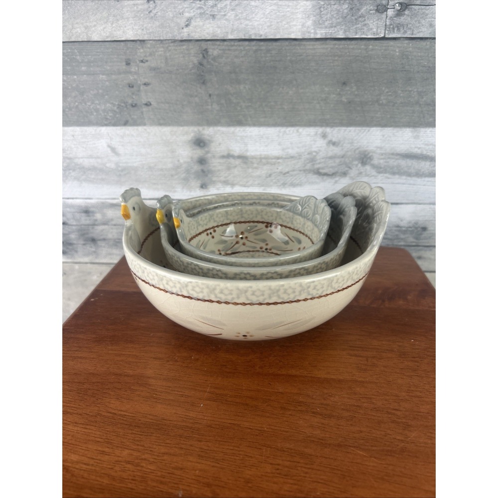 Temp-Tations By Tara Old World Gray Chicken Nesting Bowls 1.5QT, 22Oz, & 10 Oz